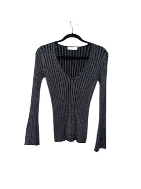 Bailey 44 Size Medium Black Metallic Ribbed V-Neck Sweater Flared Sleeves
